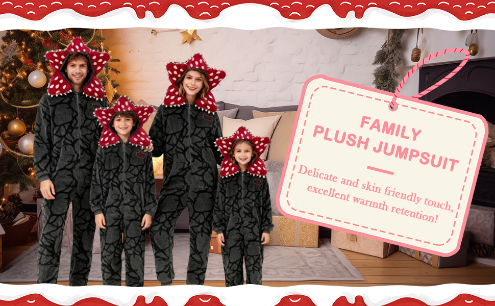 Text reads 'PLUSH JUMPSUIT' with decorative border. Collection of matching outfits displayed in multiple panels with red and white polka dot design elements.