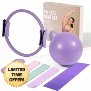 9pcs Pilates Equipment - At Home Pilates Kit for Women Includes 14” Pilates Ring with Dual Padded Handles - Small Pilates Ball - Highly Elastic Exercise Resistance Bands Pump & Grip Socks - Xmas Gif