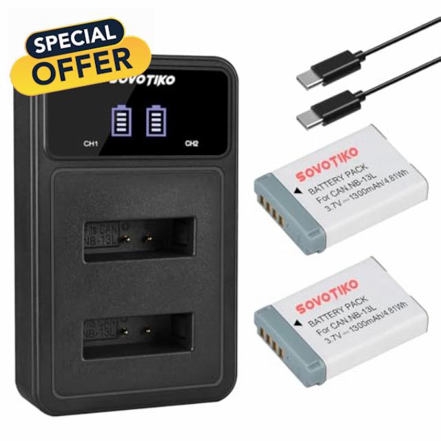 NB-13L Battery 2-Pack and Dual Port Charger for Canon PowerShot SX740/SX620/SX720 HS
