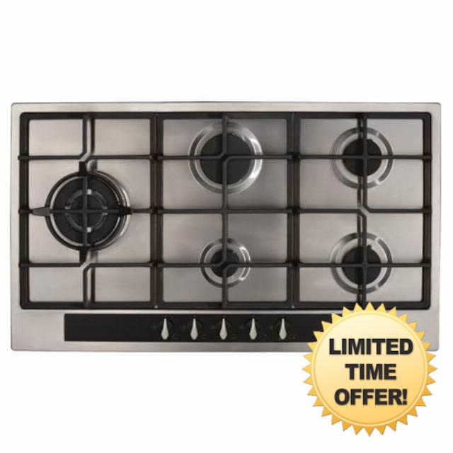 HG9351SS Five Burner Gas Hob – 86cm Stainless Steel Hob with Cast Iron Pan Supports