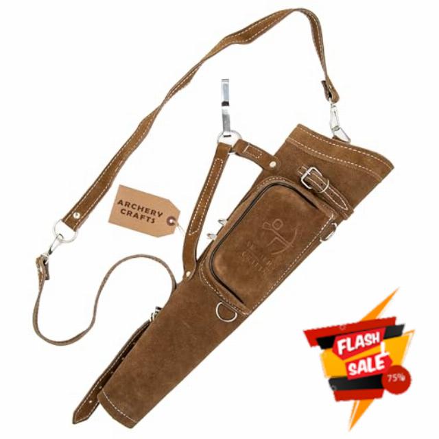 Suede Brown Archery Quiver with Zip Pocket – Leather Back and Hip Arrow Holder for Recurve
