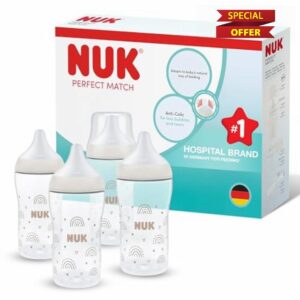 NUK Perfect Match Baby Bottle | 3+ Months | 260ml | Anti Colic Feeding Bottle | PP | Temperature Control Indicator | Rainbow | 4 Cou