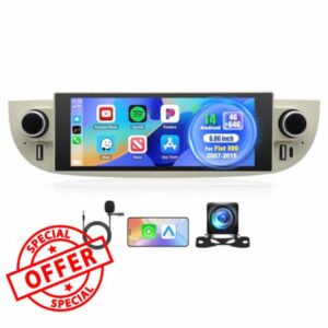 4+64G Android 14 Car Stereo for Fiat 500 2007-2015 with carplay Android Auto with 6.86 inch touchscreen GPS Sat Navi WiFi Bluetooth RDS MirrorLink SWC Backup Camera Mic