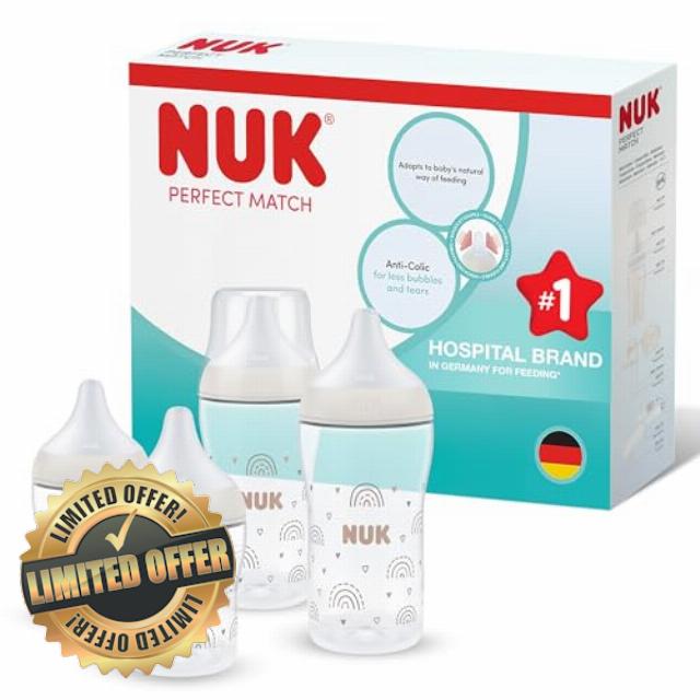 NUK Perfect Match Baby Bottle | 0+ Months | 150ml & 260ml | Anti Colic Feeding Bottle | PP | Temperature Control Indicator | Rainbow | 1 Cou