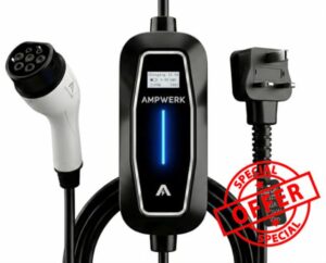 EV Charger Type 2 to 3 Pin Plug 10M | Ampwerk® 2.3kW 10A Portable EV Charger Cable IP65 | 8-Hour Timer & Safety Protection | Carry Bag Included | Designed by Ampwerk® in the UK