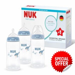 NUK First Choice Baby Bottles | 3+ Months | 300ml | Anti Colic Feeding Bottle | PP | Temperature Control Indicator | Whale | 3 Cou