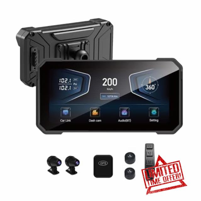 6.25" 4K Dual Camera Motorcycle GPS Navigation with Wireless CarPlay Screen & Android Auto - Waterproof IPX6 for Motorbike Riders with TPMS & BT5.