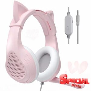 Pink Cat Ears Gaming Headset - Over Ear Wired Stereo Sound Headphones with Noise Cancelling Mic