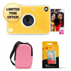 KODAK Printomatic+ Instant Print Digital Camera Starter Bundle + Carrying Case (Pink) + Zink 20pk Sticky-Back Photo Paper - 10MP
