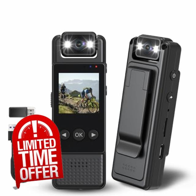 HD1080P Mini Body Camera 180° Rotating Lens Night Vision Motion Detection 6HR Battery Wearable Bodycam Video Camera for Law Enforcement Security Sports