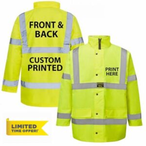 Custom Printed Yellow/Orange Bespoke Printed Hi-Vis Safety traffic Jacket Hi -Viz Visibility Supplied by Simply Hi Vis Clothing UK.