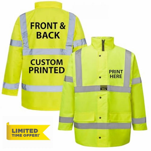 Custom Printed Yellow/Orange Bespoke Printed Hi-Vis Safety traffic Jacket Hi -Viz Visibility Supplied by Simply Hi Vis Clothing UK.