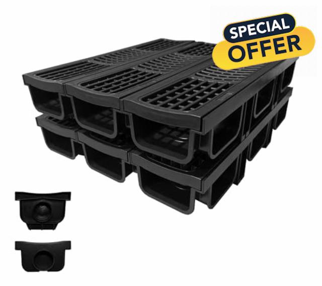 B125 Class Driveway Drainage Channel with HDPE Grate- 6 Pack Total Length 3Mtr Heavy Duty Channel Drain Shallow Profile Trench Drain System for Garage