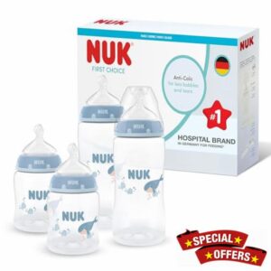 NUK First Choice Baby Bottles | 0-3+ Months | 150ml & 300ml | Anti Colic Feeding Bottle | PP | Temperature Control Indicator | Whale | 4 Cou