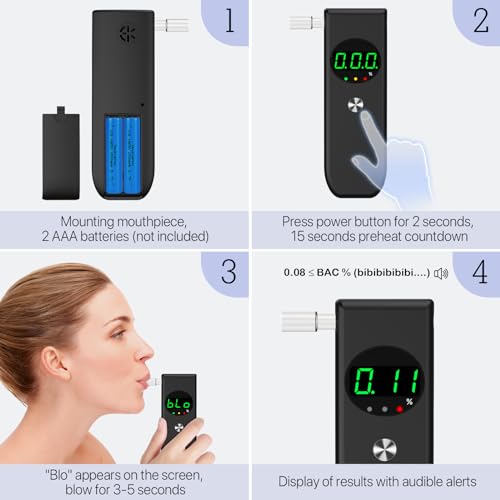 Portable Breathalyzer for Personal Home & Professional Use With 10 Replaceable Mouthpieces(Black)