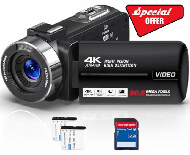 4K 80MP HD Video Camera with 18X Digital Zoom