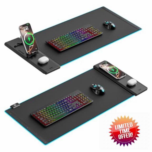 KDD Mouse Pad with Foldable Phone Holder - Wireless Charging Desk Mat 15W Fast - RGB Gaming Mousepad with Ultra-Smooth Surface