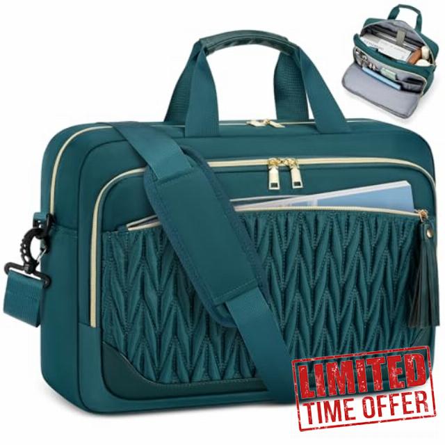 RAINSMORE 17.3 Inch Laptop Bag for Women Work Bag Large Briefcase Messenger Bags Tassel Design Teacher Tote Bag for Business Office Travel College Dark Gree