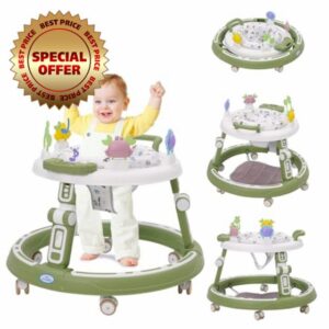 5 in 1 Baby Walker Round Shape Foldable Walker 3-Height Adjustable Anti-Rollover Push Along Walkers with Music Center