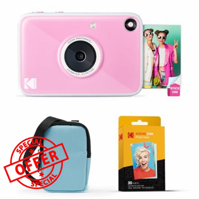 KODAK Printomatic+ Instant Print Digital Camera Starter Bundle + Carrying Case (Blue) + Zink 20pk Sticky-Back Photo Paper - 10MP