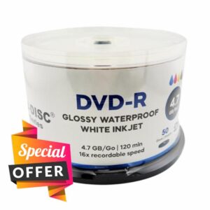 Glossy Waterproof White Inkjet DVD-R 16x – 4.7GB/120min Blank Recordable Discs – Hub Printable – High-Gloss Waterproof Finish (100)