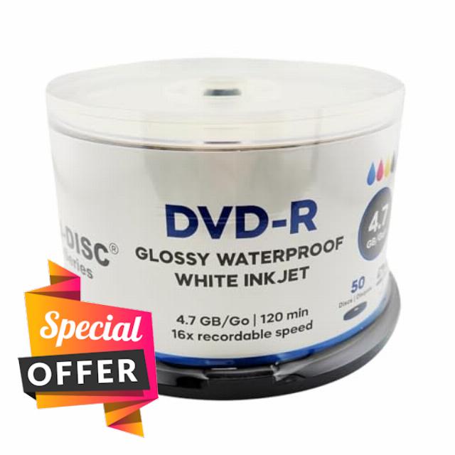 Glossy Waterproof White Inkjet DVD-R 16x – 4.7GB/120min Blank Recordable Discs – Hub Printable – High-Gloss Waterproof Finish (100)