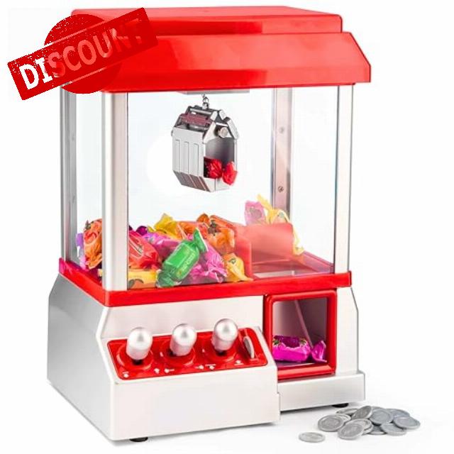 Candy Grabber Machine with Music & 24 Coins Mini Arcade Claw Toy for Kids & Adults Sweet Retro Catcher Game Refillable Candy Dispenser Party Fun Gif