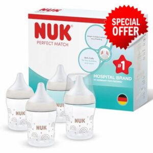 NUK Perfect Match Baby Bottle | 0+ Months | 150ml | Anti Colic Feeding Bottle | PP | Temperature Control Indicator | Rainbow | 4 Cou