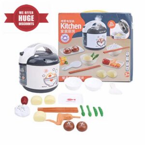 Kids Rice Cooker Toy Simulation Voice Plastic Kitchen Cooking Appliances Playset for Children Pretend Play Gray Color Complete Set with Rice Scoop Bowls Plates and Food Items