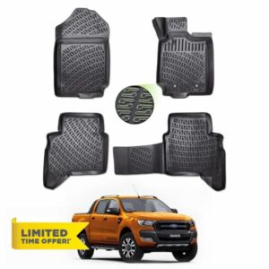 Heavy-Duty Rubber Floor Mats for Ford Ranger 2012–2022 - Waterproof Non-Slip Vehicle Mats with OEM Fixing Clips - Compatible with Ford Ranger T6 T7 T8 Double Cab - Set of 4