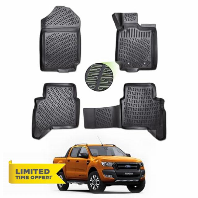 Heavy-Duty Rubber Floor Mats for Ford Ranger 2012–2022 - Waterproof Non-Slip Vehicle Mats with OEM Fixing Clips - Compatible with Ford Ranger T6 T7 T8 Double Cab - Set of 4