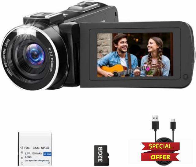 Camcorder Video Camera 1080P for YouTube Cam Corder 48MP 18X Digital Zoom Video Recorder with 3.0" 270° Rotation Screen Battery 32GB SD Card for Vlogging Travel