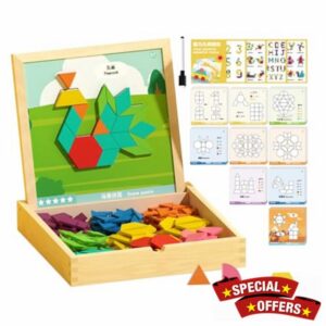 Magnetic Pattern Blocks | Wooden Magnetic Educational Toys | STEM Tangram Shape Block Set - for Kids Boys Home Homeschool Classroom Travel Preschool Kindergarten Christmas
