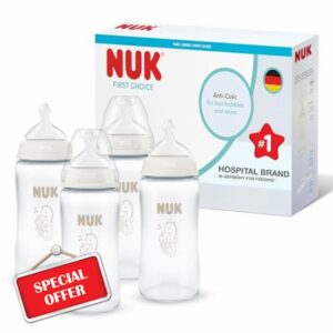 NUK First Choice Baby Bottles | 3+ Months | 240ml | Anti Colic Feeding Bottle | Glass | Temperature Control Indicator | Seahorse | 4 Cou
