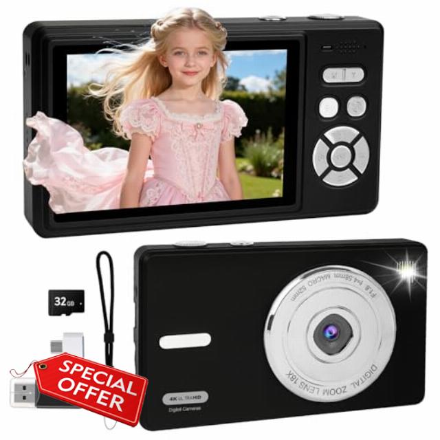 Digital Camera 4K - Autofocus Compact Cameras with 32GB SD Card 44MP Portable Mini Small Photo Camera with 2.8" LCD Screen 18X Digital Zoom Vlogging Camera for Students