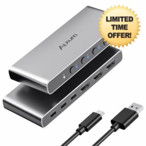 Alxum Aluminum Dual USB-C&HDMI Switch 4 PC 1 Monitor 2x HDMI & 2x Type C Inpu to 1xHDMI Video Switcher HDR for 4 Computers Share A Single Monitor Support 4K@60Hz HDR for Laptop/Phone/PC/TV Box Grey