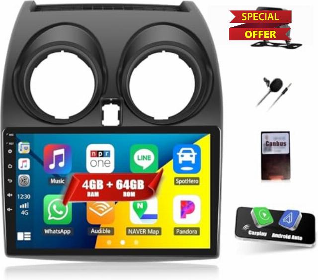 CAMECHO 4G+64G Android Car Stereo for Nissan Qashqai 2008-2013 with Wireless Carplay Android Auto