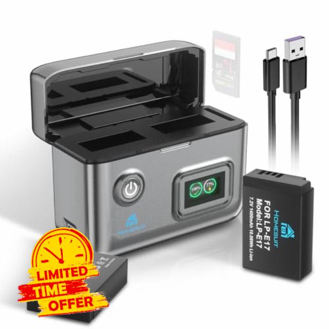 Homesuit LP-E17 Battery 1400mAh & USB Dual Slots LCD Charger Kit for Canon EOS R10 R50 RP R8 Rebel SL3 SL2 T8i T7i T6i T6s EOS M3 M5 M6 M6 Mark II 200D 250D 77D 750D 760D 800D 8000D (2-Pack)