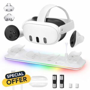 VR Charging Dock for Meta Quest 3S/Quest 3 Fast Charging Station with RGB Light LED Indicator Magnetic Charging Dock Station for VR Headset & Controllers with 2 Rechargeable Batteries