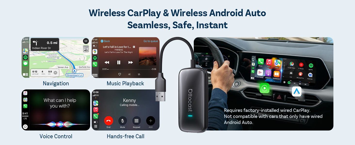 Text reads 'Wireless CarPlay & Wireless Android Auto', 'Seamless, Safe, Instant'. Interface screenshots showing navigation, music controls, and car connectivity features on smartphone displays.