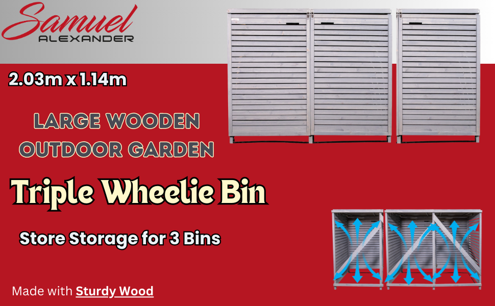 Large wooden outdoor triple wheelie bin storage unit. Dimensions 2.03m x 1.14m. Features slatted doors and sturdy wood construction for storing 3 bins.