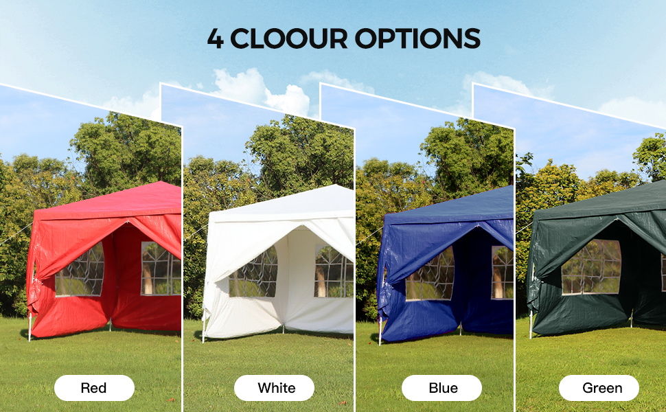 Text reads 'Enjoy great moments with full protection'. White canopy tents set up in a grassy park or outdoor space with natural lighting.