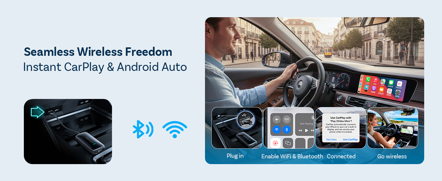 Text reads 'Seamless Wireless Freedom' and 'Instant CarPlay & Android Auto'. Product interface showing wireless connectivity setup steps with car dashboard and phone integration visuals.