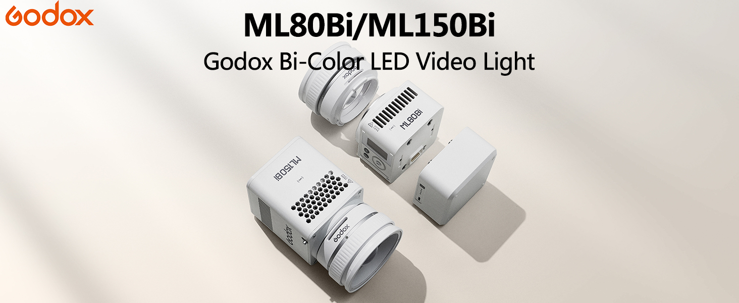 Text reads 'Godox ML80Bi/ML150Bi Godox E-Color LED Video Light'. Collection of product shots showing a white LED video light with control display.