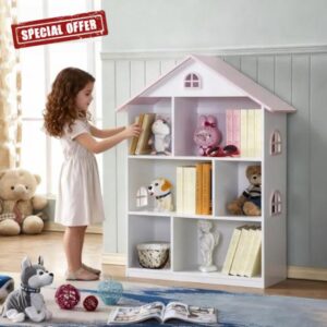 Wooden Dollhouse Bookshelf - Toddler Doll House Bookcase