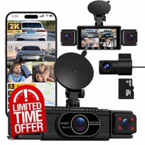 NOLYTH Dash Cam Front and Rear 4-Channel: Front 2K + Rear Left Right 1080P Dashcam with 5G WiFi APP Control 64GB Card Night Vision 360 View 8 IR Lamps Interior Car Camera for Baby/New Drivers