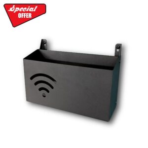 WiFi Router Wall Mount Storage Box – Textured Black – Steel Network Equipment Organiser with Cable Management – Free-Standing or Wall Mounted – UK Made