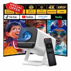 Mini Projector WiFi 6 and Bluetooth 5.4 Portable 4K 1080P Support for Bedroom Ceiling Home Theater