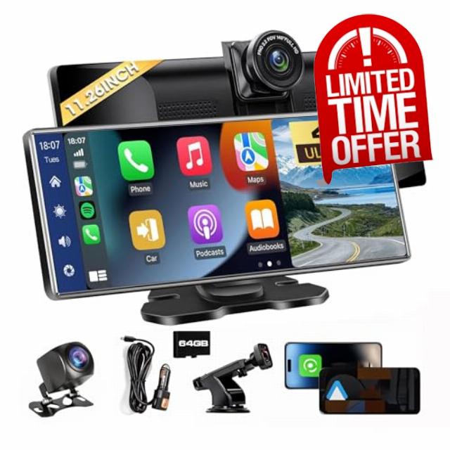 11.26" Wireless Carplay Screen Dash Cam Carplay & Android Auto Car Stereo Car Audio Receivers with 1080p Backup Camera GPS Navigation/Mirror Link/Voice Control/Siri Fits for All Vehicles