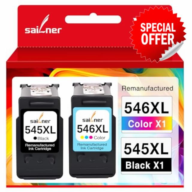 Sailner 545 546 Ink Cartridges XL Remanufactured for Canon Printer Ink 545 and 546 PG-545 CL-546 XL Pixma TS3350 TS3355 TS3150 MG3050 MG2550S MG2950 TR4550 TR4551 TR4650 MX495 (1 Black 1 Colour)